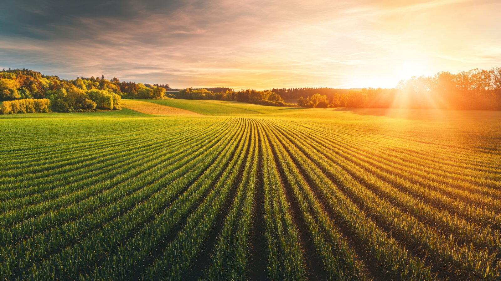 Expansive farmland with neat crop rows and a tree line at the horizon bathed in warm sunset light on the right side.
