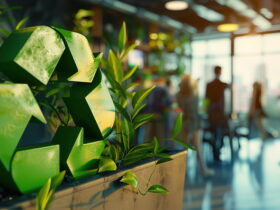 Green geometric plant sculpture in a planter foreground with a blurred office lobby and people in the background, conveying a modern, natural work environment.