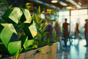 Green geometric plant sculpture in a planter foreground with a blurred office lobby and people in the background, conveying a modern, natural work environment.