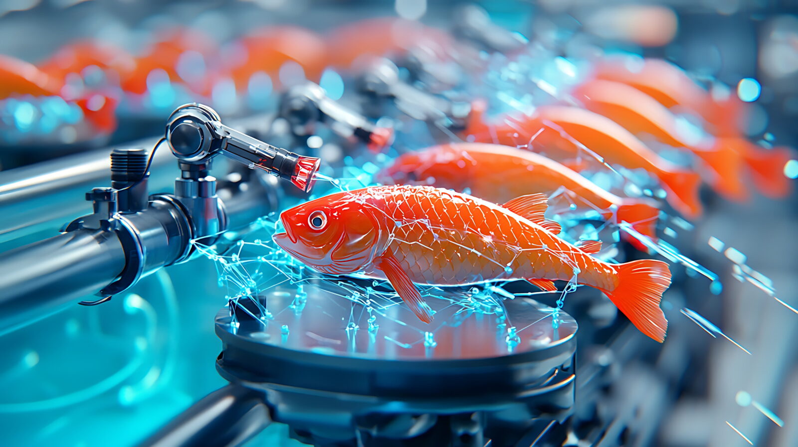 Robotic arm handling an orange koi fish model in a futuristic lab with blue bokeh lights in the background.