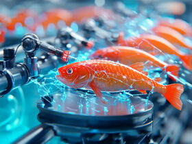 Robotic arm handling an orange koi fish model in a futuristic lab with blue bokeh lights in the background.
