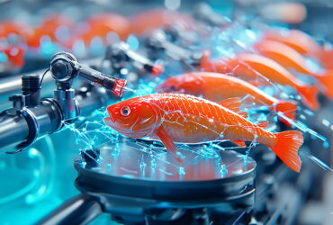 Robotic arm handling an orange koi fish model in a futuristic lab with blue bokeh lights in the background.