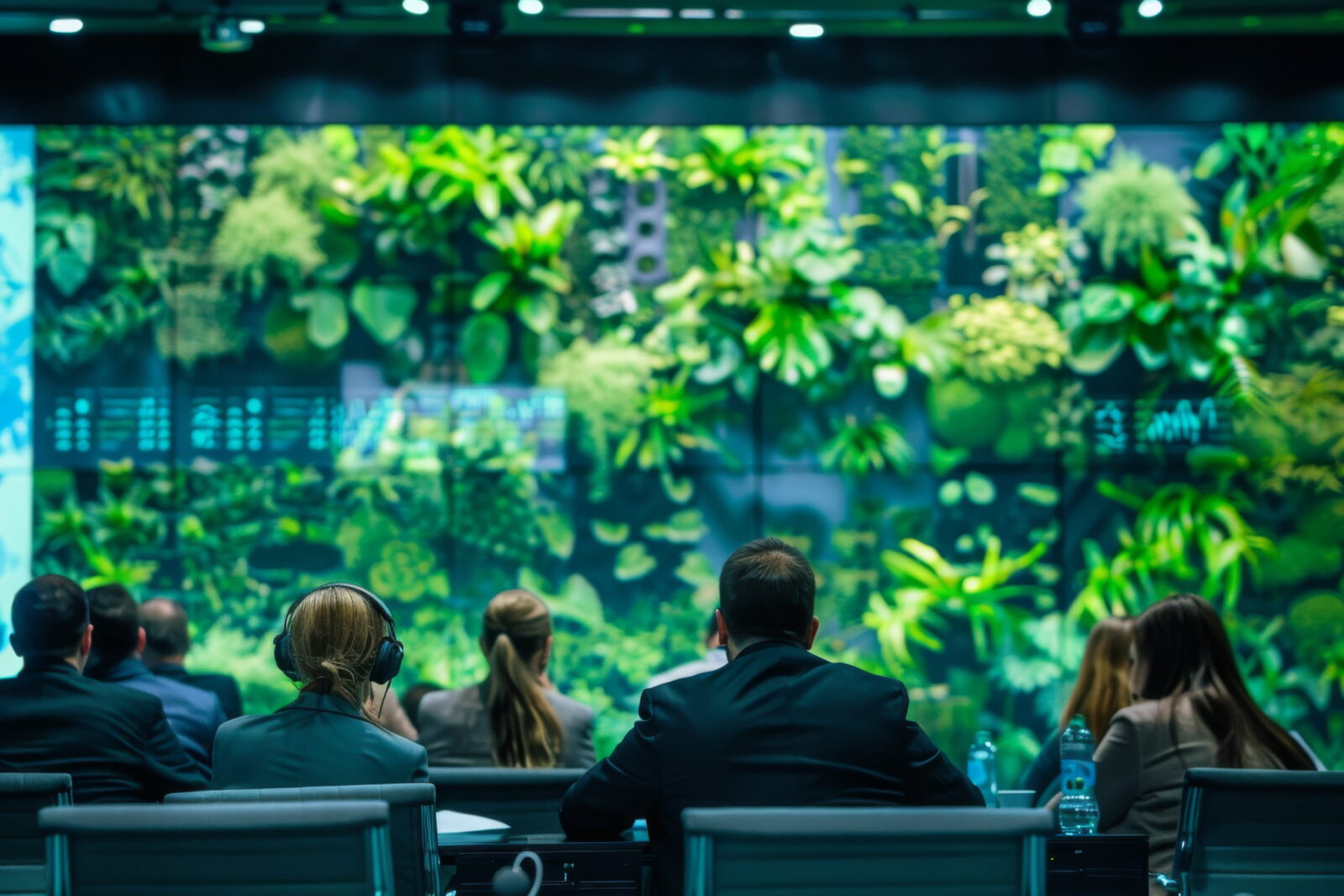 Audience of professionals with headsets watching a presentation in a conference room with a large green plant wall backdrop.