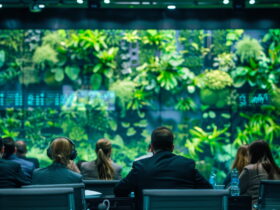 Audience of professionals with headsets watching a presentation in a conference room with a large green plant wall backdrop.