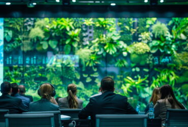 Audience of professionals with headsets watching a presentation in a conference room with a large green plant wall backdrop.