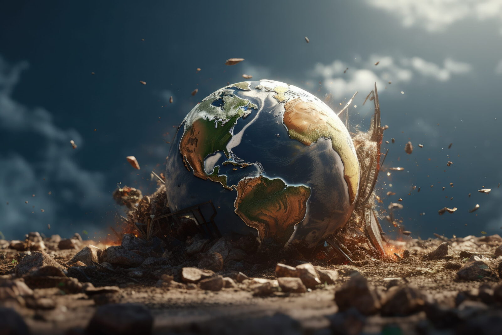 Earth globe cracked and exploding from a rocky surface, debris flying in a dramatic apocalyptic scene