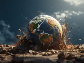 Earth globe cracked and exploding from a rocky surface, debris flying in a dramatic apocalyptic scene