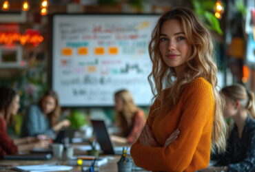 Smiling woman with blonde hair in an orange sweater stands in a busy cafe or classroom, looking at the camera.