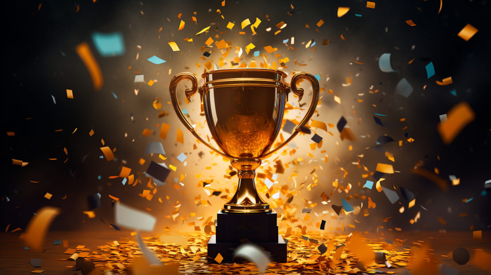 Golden trophy on a pedestal with orange and teal confetti falling around it.
