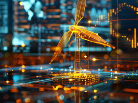 Golden dragonfly sculpture glowing orange against a blurred blue-green futuristic digital background.