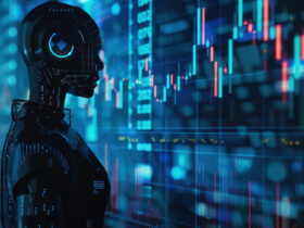 AI robot studying a glowing data dashboard with blue and red stock charts in the background.