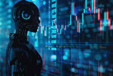 AI robot studying a glowing data dashboard with blue and red stock charts in the background.