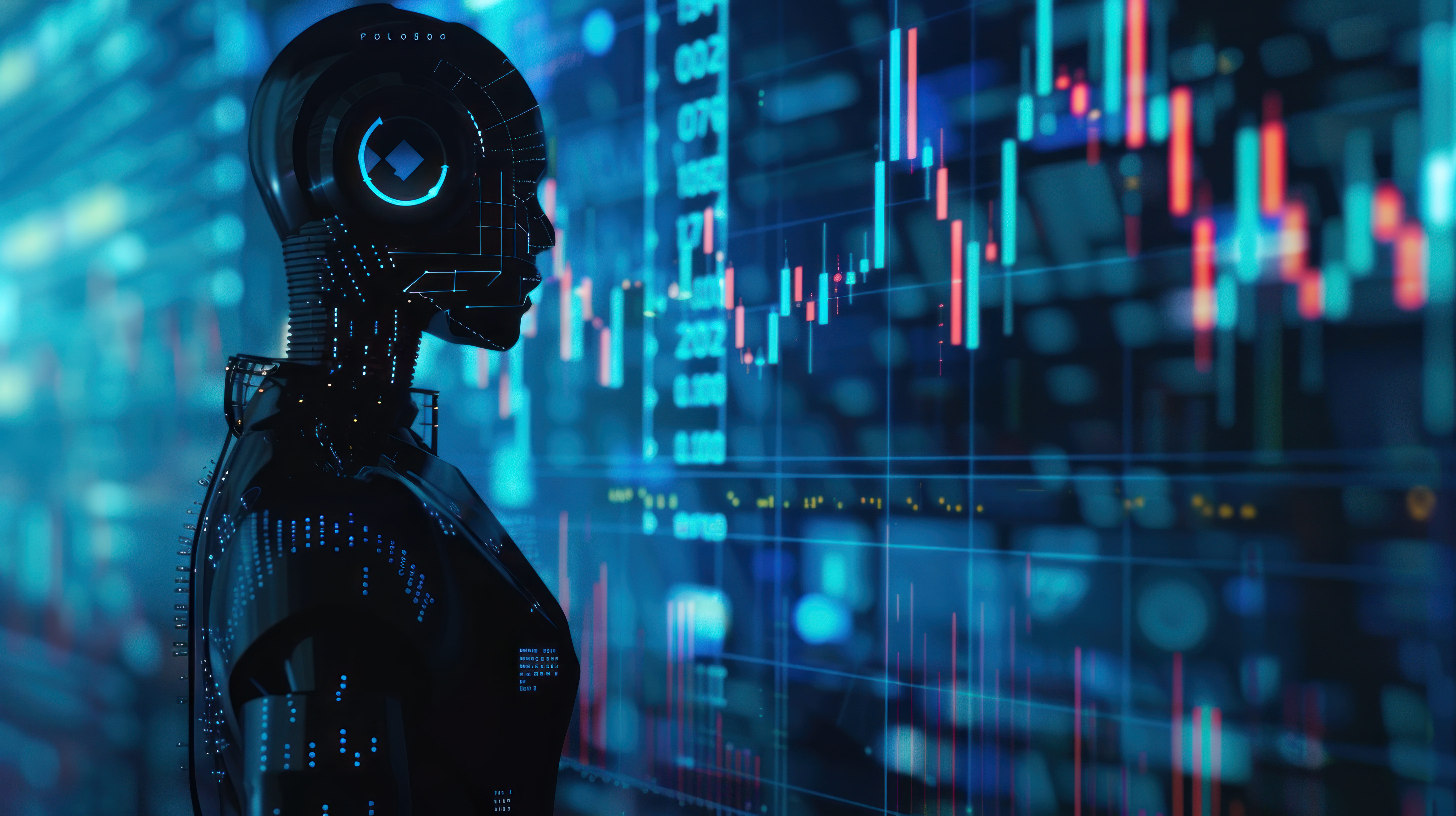 AI robot studying a glowing data dashboard with blue and red stock charts in the background.