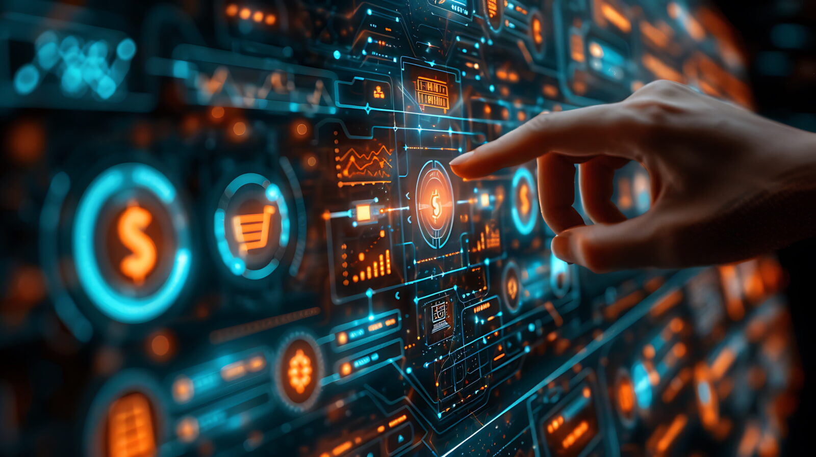 Person's hand taps a futuristic holographic control panel with glowing blue and orange data UI elements
