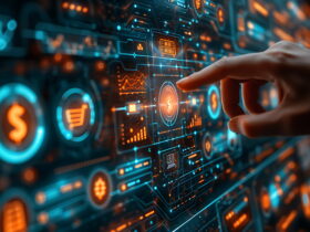 Person's hand taps a futuristic holographic control panel with glowing blue and orange data UI elements