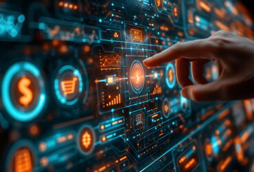 Person's hand taps a futuristic holographic control panel with glowing blue and orange data UI elements