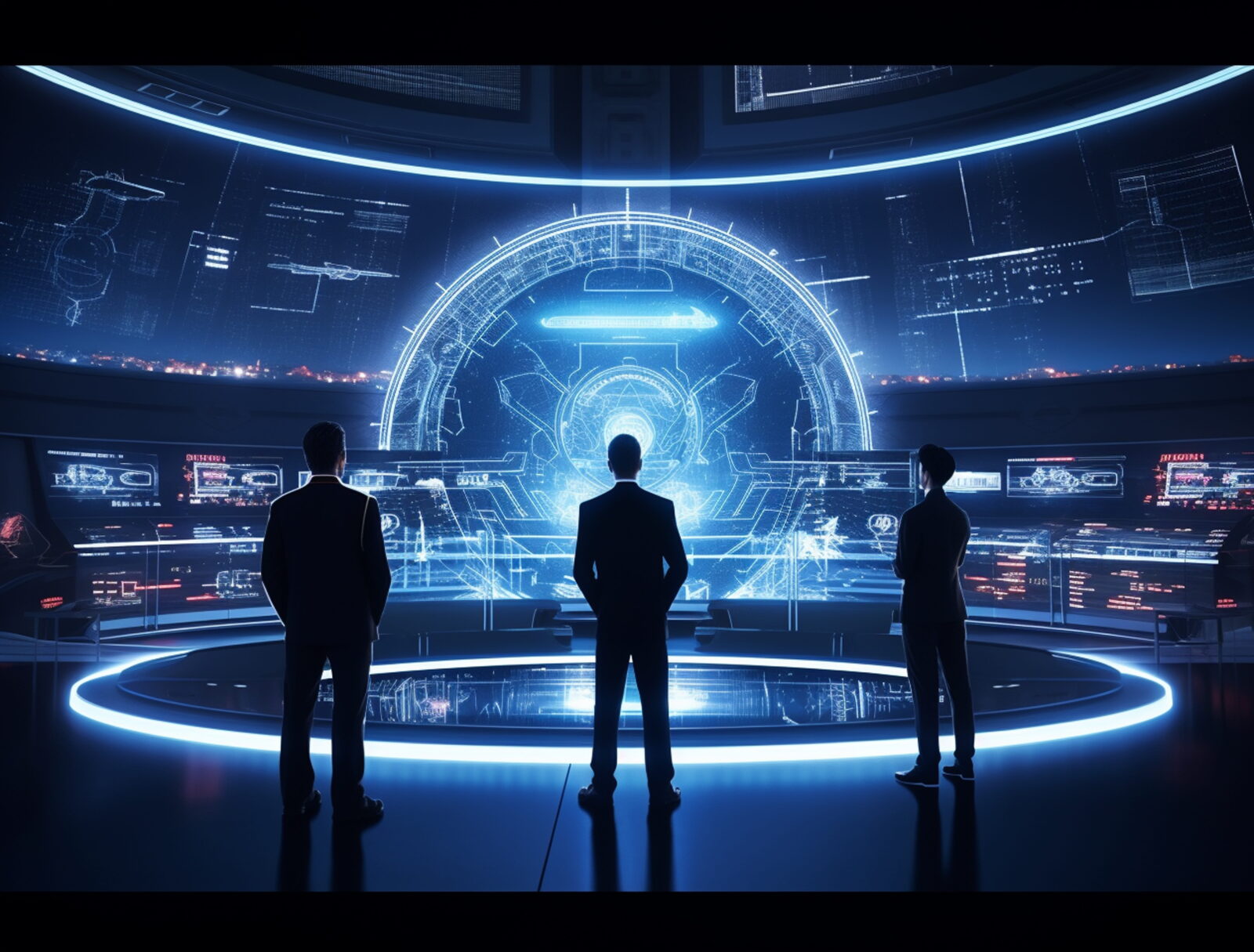 Three people stand in a high-tech command room facing a large circular holographic interface with blue glow.