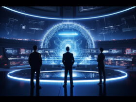 Three people stand in a high-tech command room facing a large circular holographic interface with blue glow.