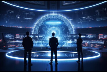 Three people stand in a high-tech command room facing a large circular holographic interface with blue glow.