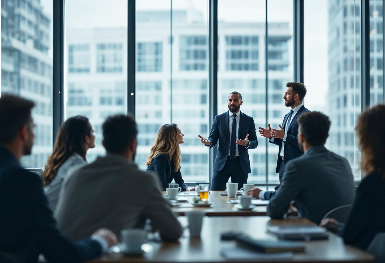 Two suited presenters speak to a seated group in a glass-walled conference room.”Fast note: remove extra quotes?