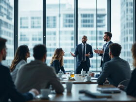 Two suited presenters speak to a seated group in a glass-walled conference room.”Fast note: remove extra quotes?