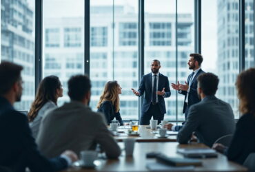 Two suited presenters speak to a seated group in a glass-walled conference room.”Fast note: remove extra quotes?
