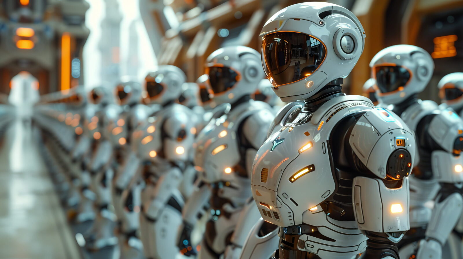 Row of white humanoid robots standing in a high-tech factory line.