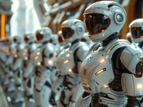 Row of white humanoid robots standing in a high-tech factory line.