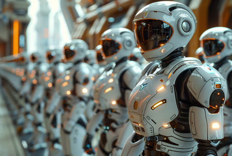 Row of white humanoid robots standing in a high-tech factory line.  