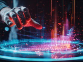 Hand reaching toward a glowing holographic digital interface with blue and pink neon lights and particle effects