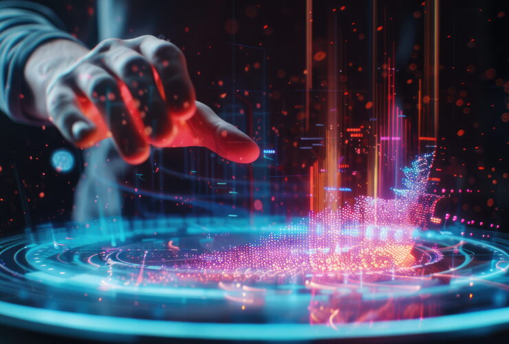 Hand reaching toward a glowing holographic digital interface with blue and pink neon lights and particle effects