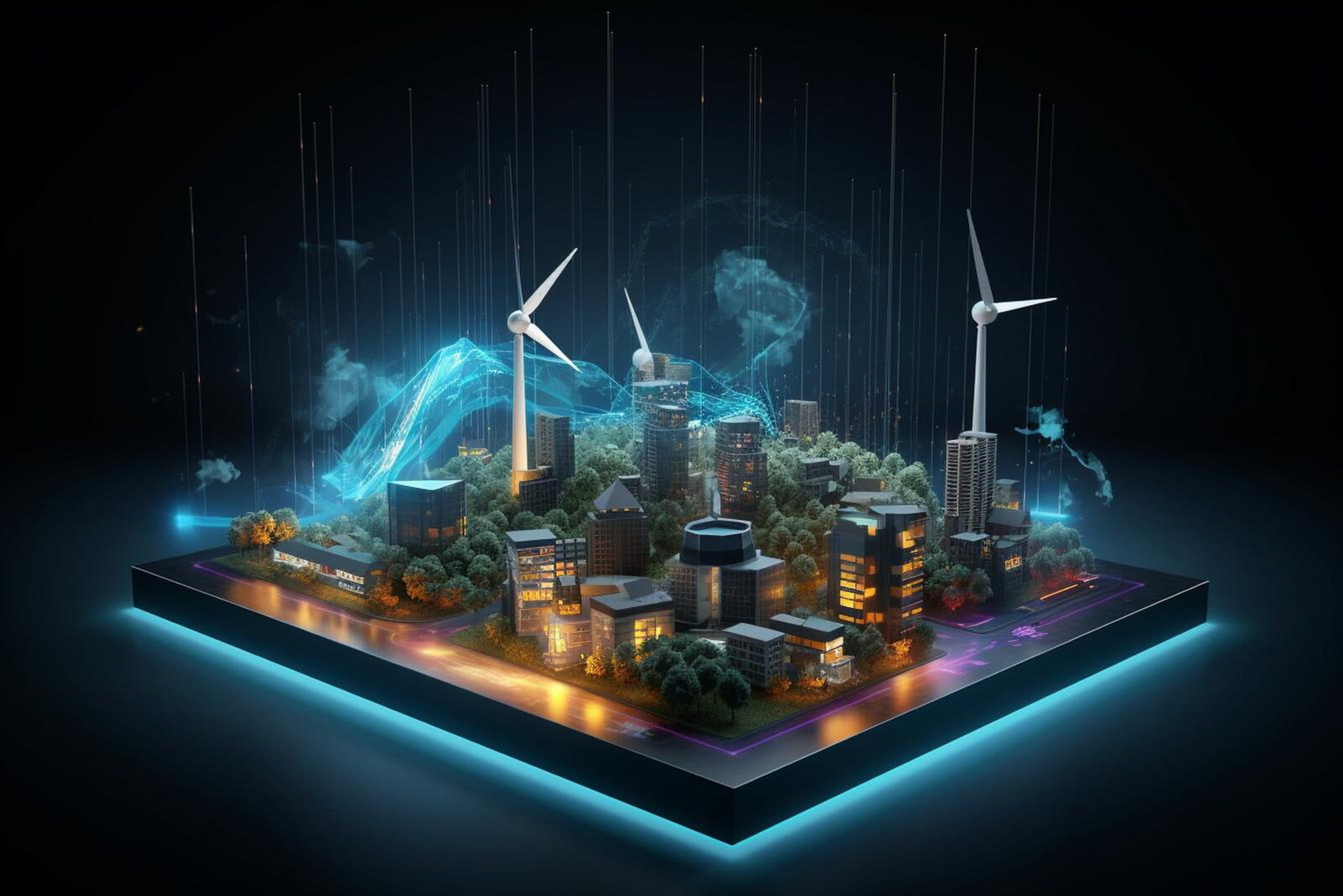 Futuristic city model with wind turbines and glowing data streams against a dark background.