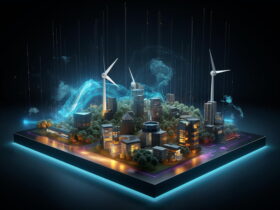Futuristic city model with wind turbines and glowing data streams against a dark background.