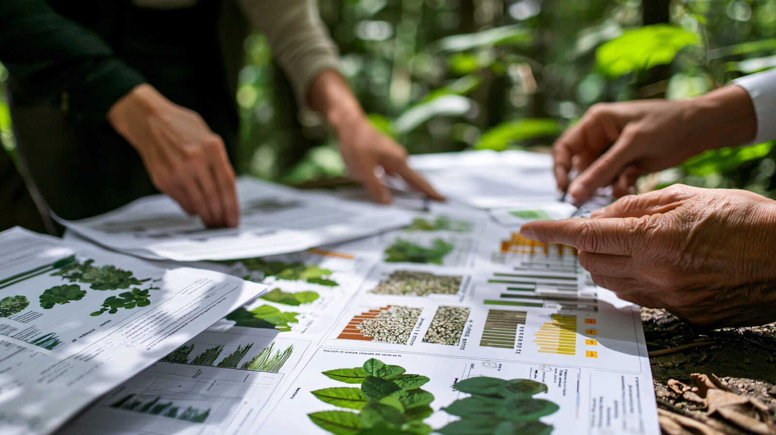 Hands point at plant catalogs spread on the grass during an outdoor garden meeting, reviewing leaf illustrations and charts.