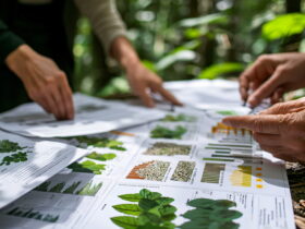 Hands point at plant catalogs spread on the grass during an outdoor garden meeting, reviewing leaf illustrations and charts.