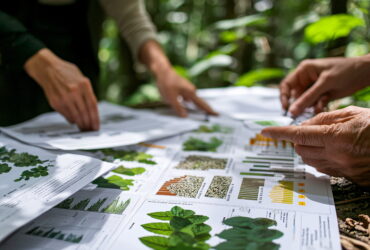 Hands point at plant catalogs spread on the grass during an outdoor garden meeting, reviewing leaf illustrations and charts.