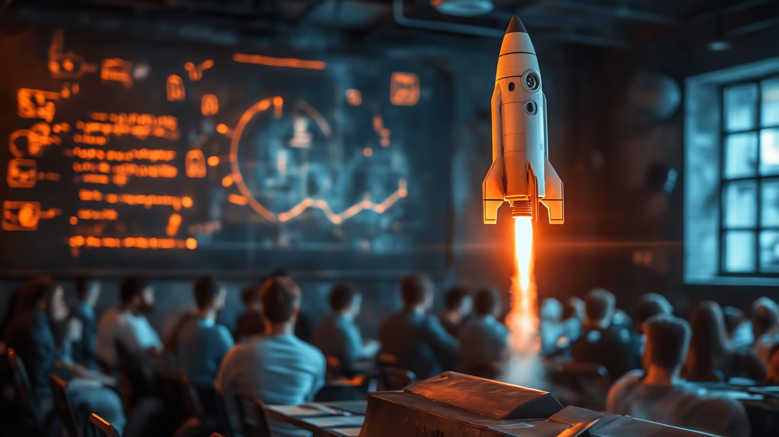 Rocket model launching upward in a lecture hall as students watch from desks, with orange flame and a chalkboard behind.