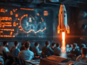 Rocket model launching upward in a lecture hall as students watch from desks, with orange flame and a chalkboard behind.