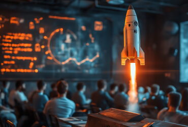 Rocket model launching upward in a lecture hall as students watch from desks, with orange flame and a chalkboard behind.