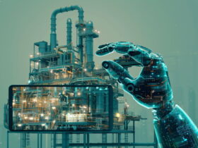 A glowing robotic hand reaches toward an industrial refinery, symbolizing automation and industry.