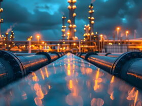 Wide view of an oil refinery with large blue pipelines and glowing orange lights at dusk, smokestacks in the background.