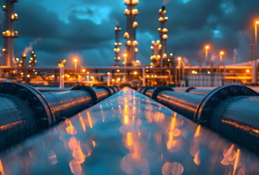 Wide view of an oil refinery with large blue pipelines and glowing orange lights at dusk, smokestacks in the background.