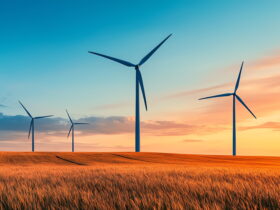 Wind turbines in a golden field at sunset under a blue to orange sky.