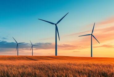 Wind turbines in a golden field at sunset under a blue to orange sky.