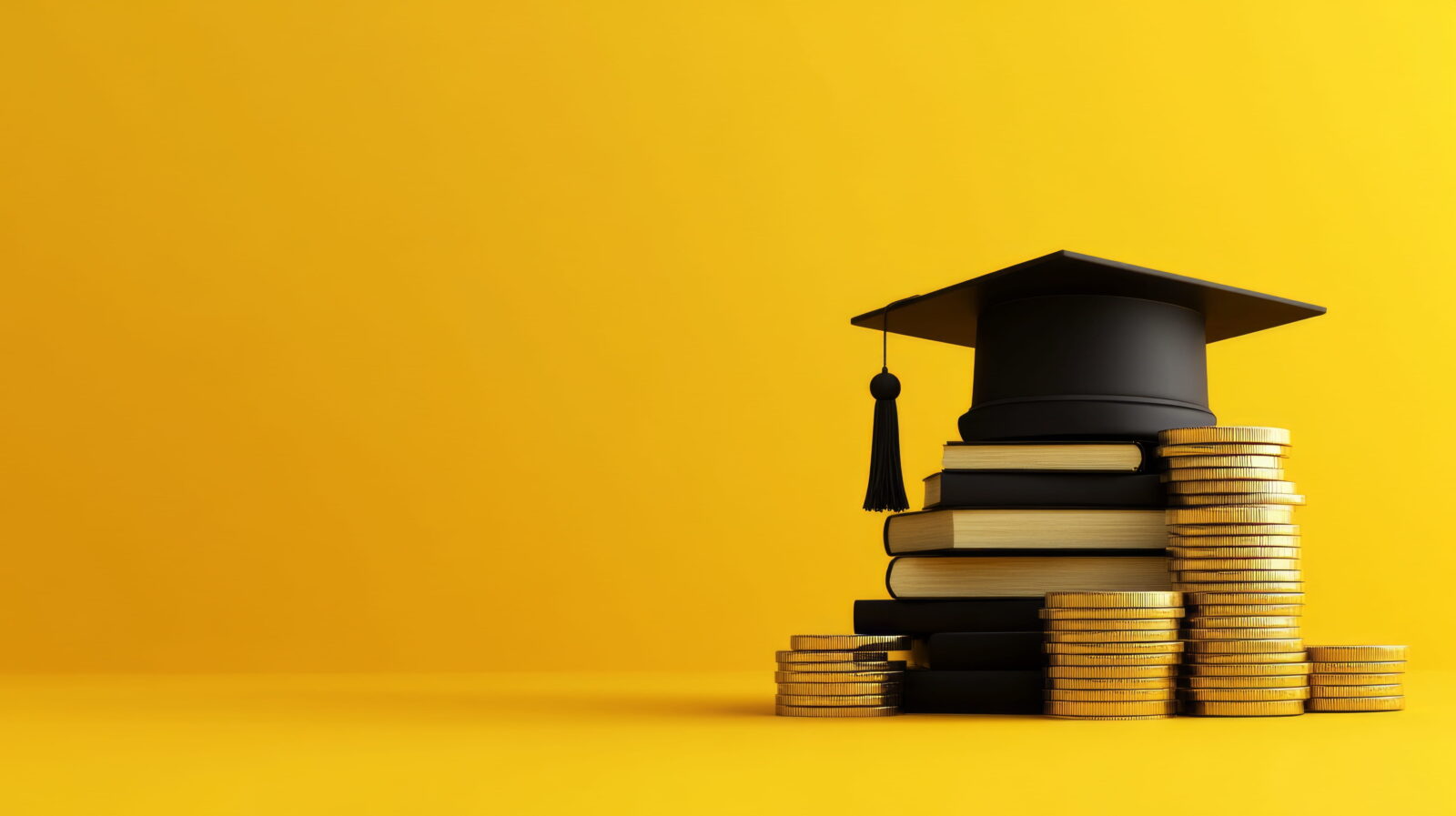 Graduation cap on a stack of books with coin stacks beside it against a yellow backdrop, symbolizing education and funding
