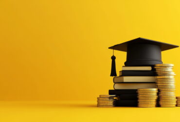 Graduation cap on a stack of books with coin stacks beside it against a yellow backdrop, symbolizing education and funding