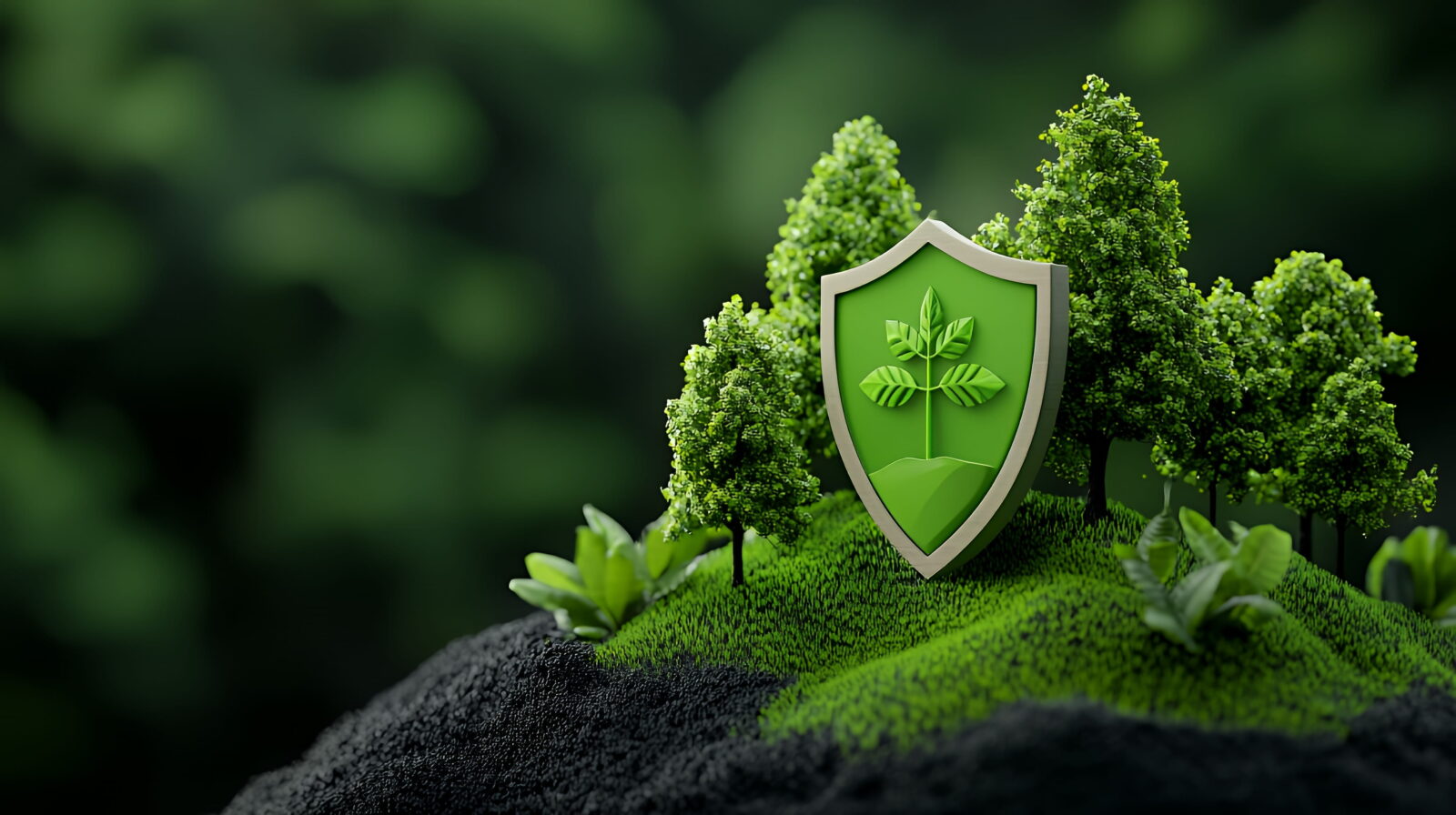 Green shield with a leaf emblem rising from a lush forest, symbolizing environmental protection.