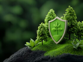 Green shield with a leaf emblem rising from a lush forest, symbolizing environmental protection.