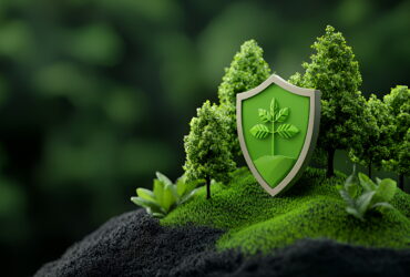 Green shield with a leaf emblem rising from a lush forest, symbolizing environmental protection.