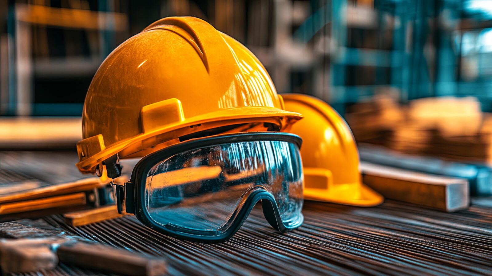 Two yellow hard hats with protective goggles on a wooden surface at a construction site.